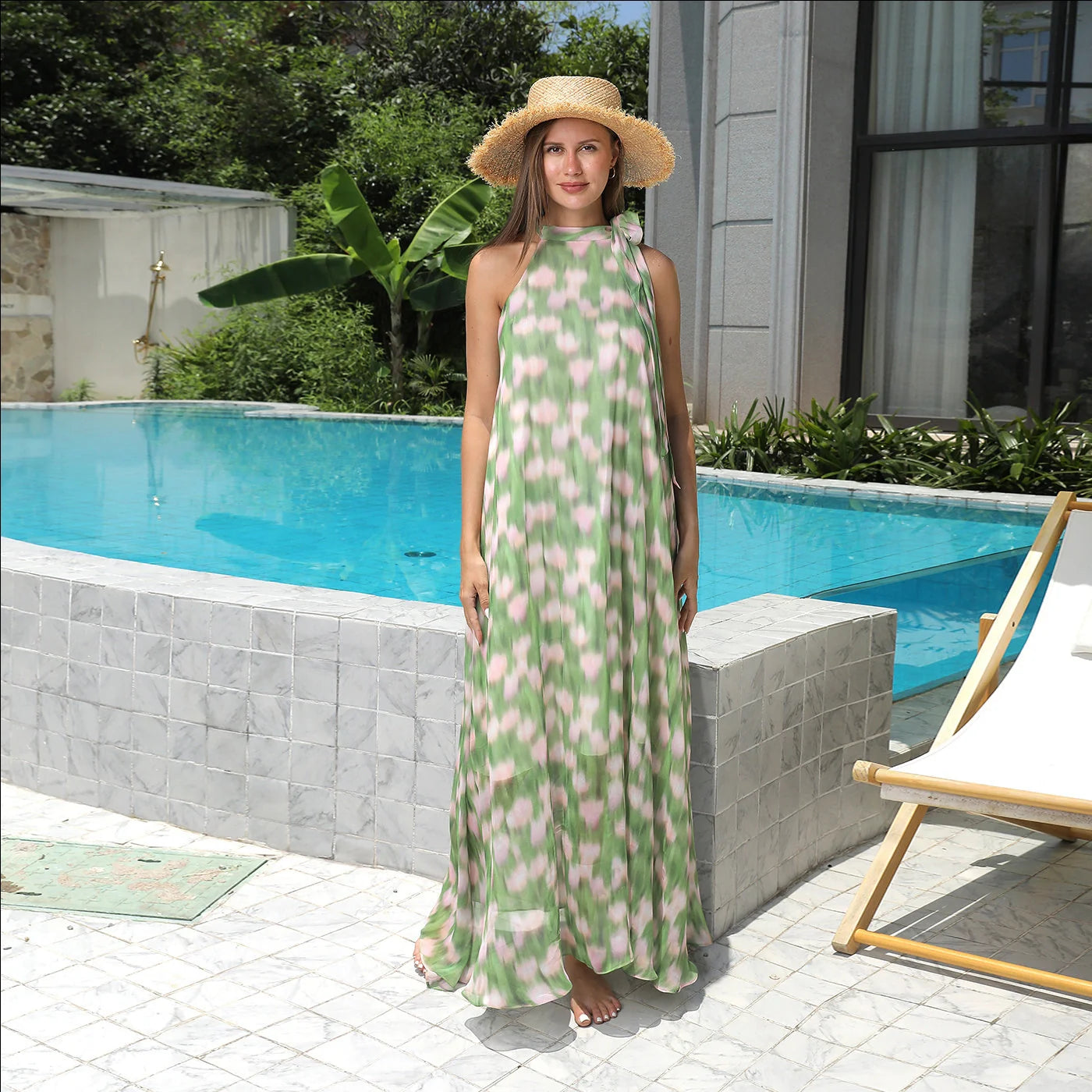 Women's simple printed polyester dress in white, available in sizes S to 4XL