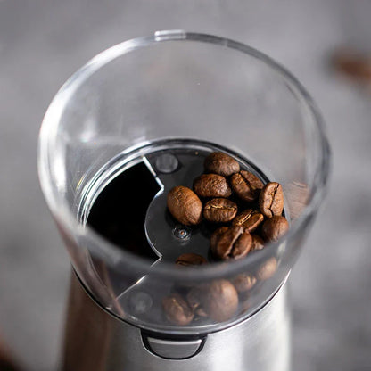 Premium stainless steel electric coffee grinder with adjustable grind settings, USB charging, and sleek modern design