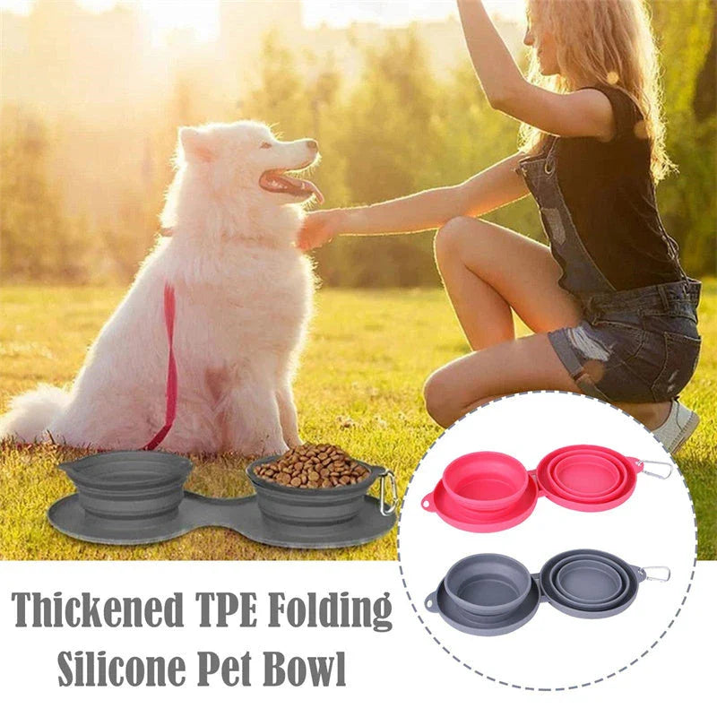 Collapsible pet bowls made of durable silicone with dual compartments and spill-resistant design for dogs and cats