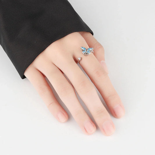 Adjustable rotatable butterfly ring for women with zircon inlay, available in multiple designs