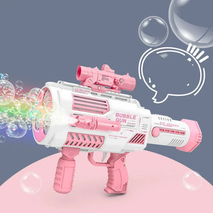 Automatic bubble blaster toy with rocket-shaped design, producing a cloud of colorful bubbles