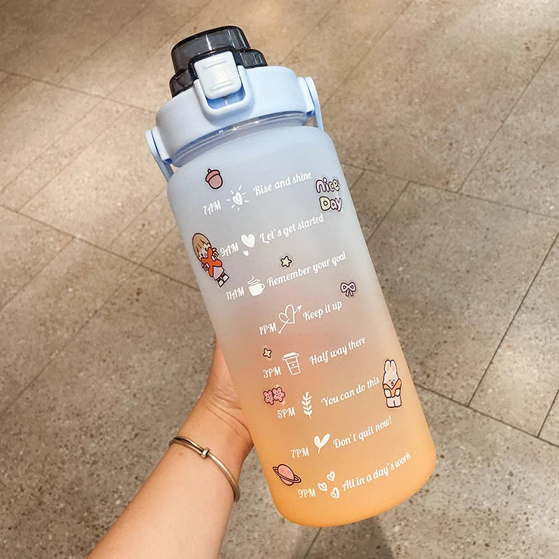 2000ml gradient colour water bottle with straw and stickers, leak-proof design