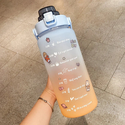 2000ml gradient colour water bottle with straw and stickers, leak-proof design