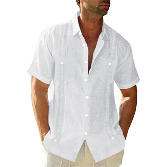Men's casual guayabera Cuban-style short-sleeve shirt in various colors and sizes