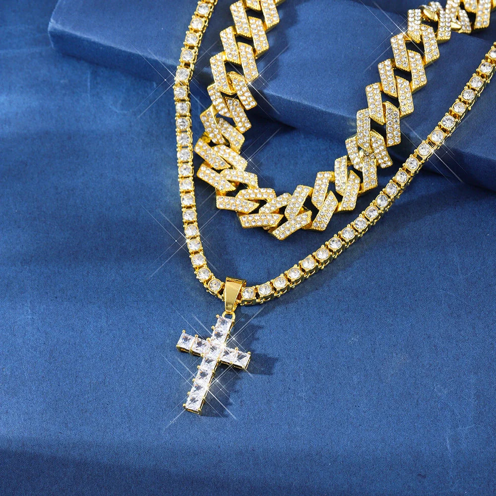 Exquisite cross pendant necklace with rhinestone paving, available in gold and silver colours with various chain styles
