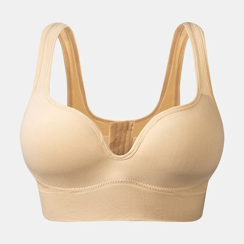 Back Button Up Bra with wide white straps in white, black, and apricot