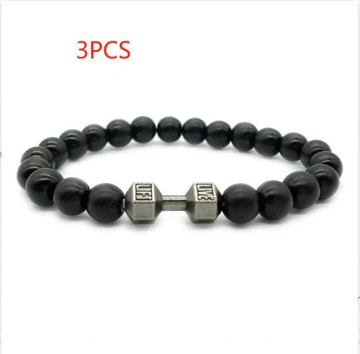 Men's fitness fashion dumbbell bracelet with black and white lava rock and alloy beads