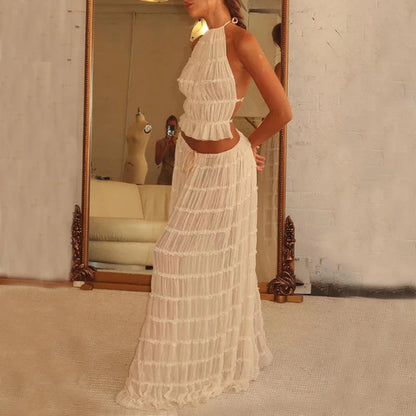 Chic sleeveless backless cropped halter top and pleated maxi dress set in various colors