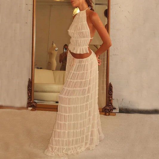 Chic sleeveless backless cropped halter top and pleated maxi dress set in various colors
