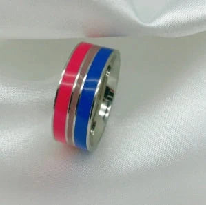 Stylish bisexual pride stainless steel ring with a bold, geometric design in vibrant colours