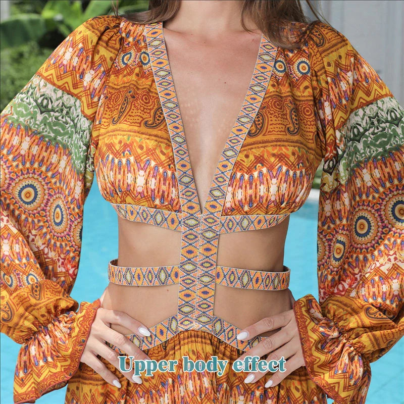 Elegant Women's Floral Long Sleeve Dress in vibrant orange, perfect for spring and summer occasions.