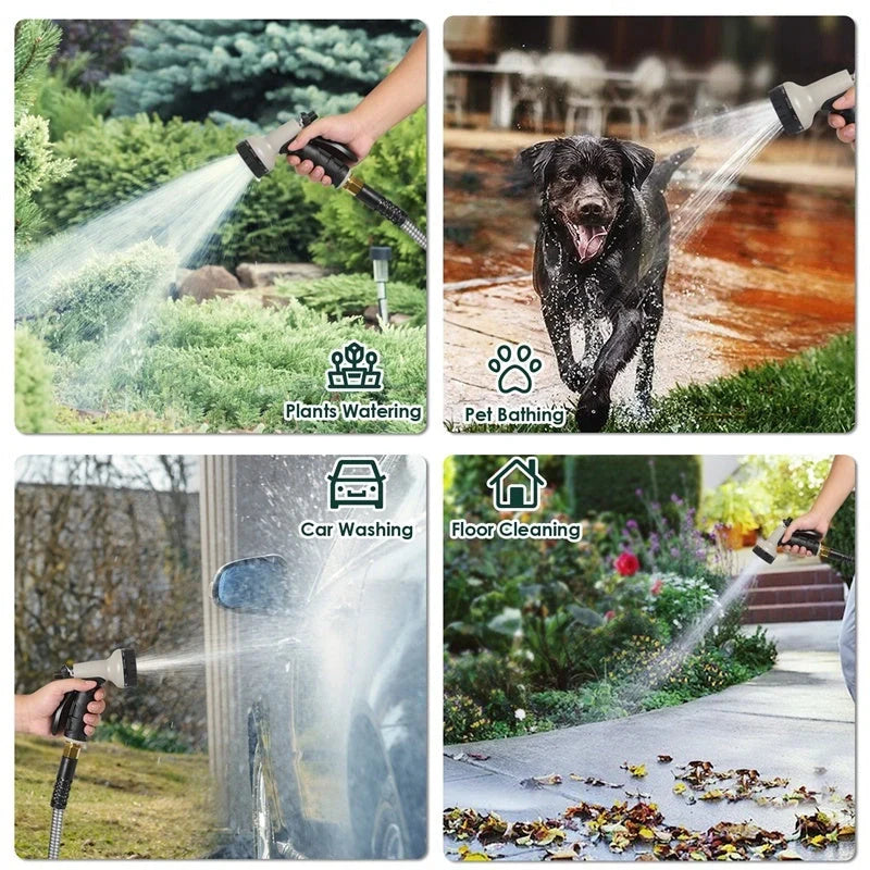 Stainless steel metal garden hose with adjustable spray nozzle, durable and kink-free for easy gardening