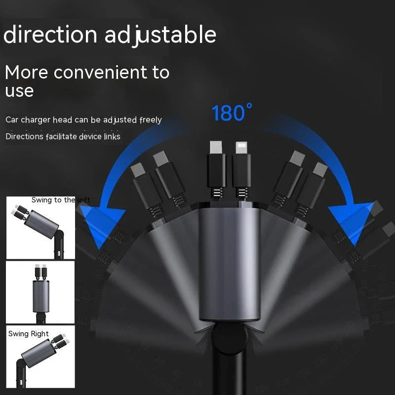 Ultra-Fast 100W Car Charger with Retractable Cable and Adjustable Connector for Rapid Smartphone, Tablet, and Laptop Charging