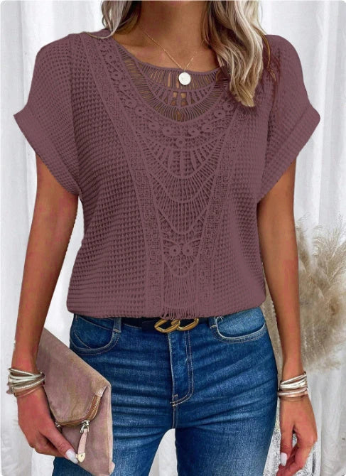 Trendy hollowed-out short-sleeve t-shirt for women in various colors and sizes