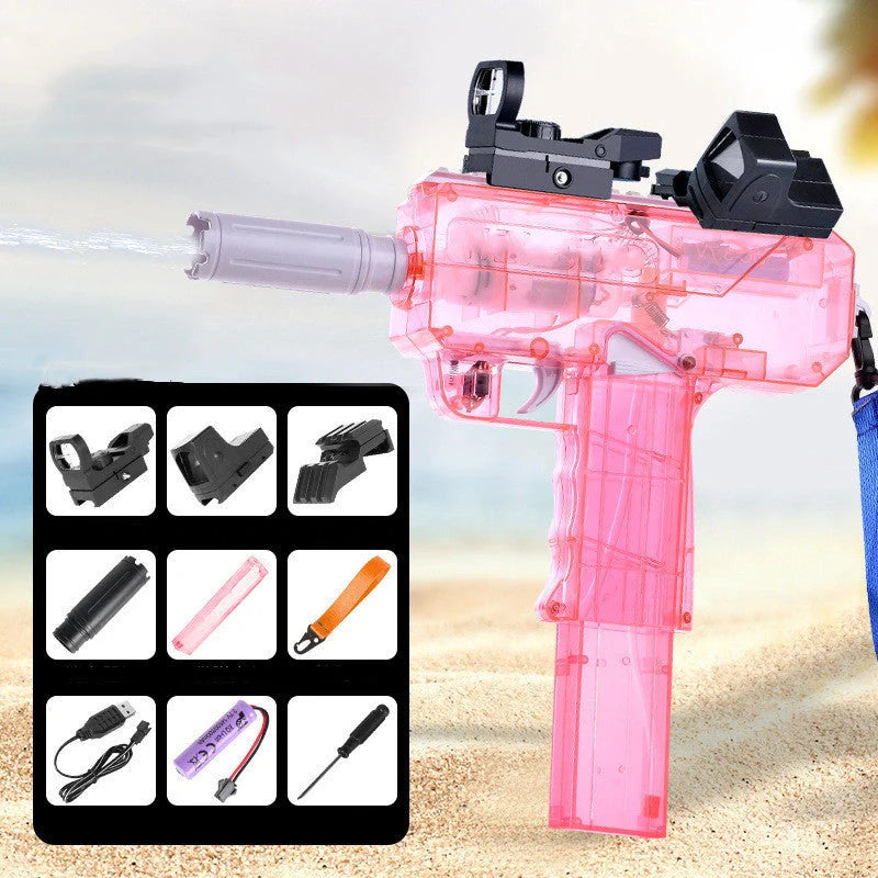 Uzi Electric Burst Water Gun with rechargeable battery and transparent design