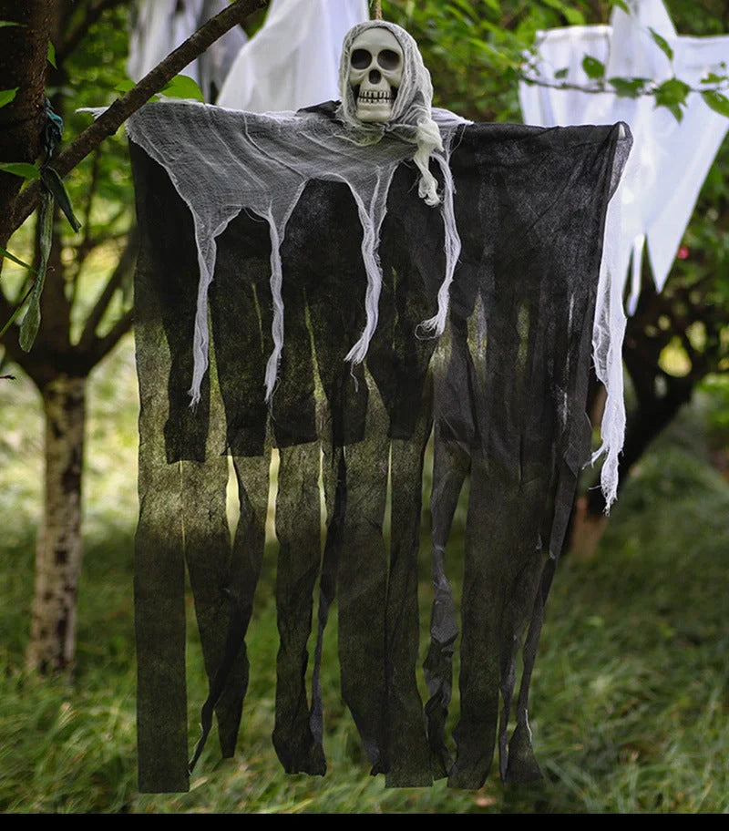 Skeleton Hanging Ghost Halloween Decoration floating eerily in the wind