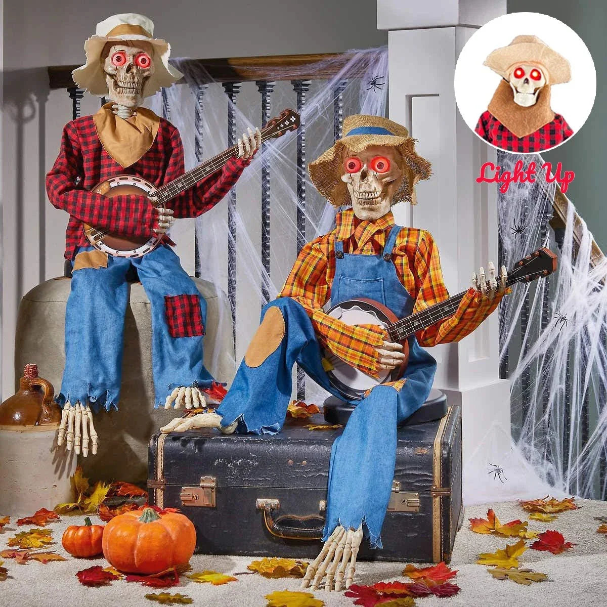 Luminous skeleton figure holding a glowing guitar, creating a captivating Halloween decoration