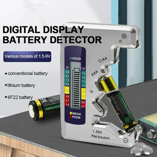 Universal Digital Battery Tester with LCD display for checking AA, AAA, 9V, and button cell batteries