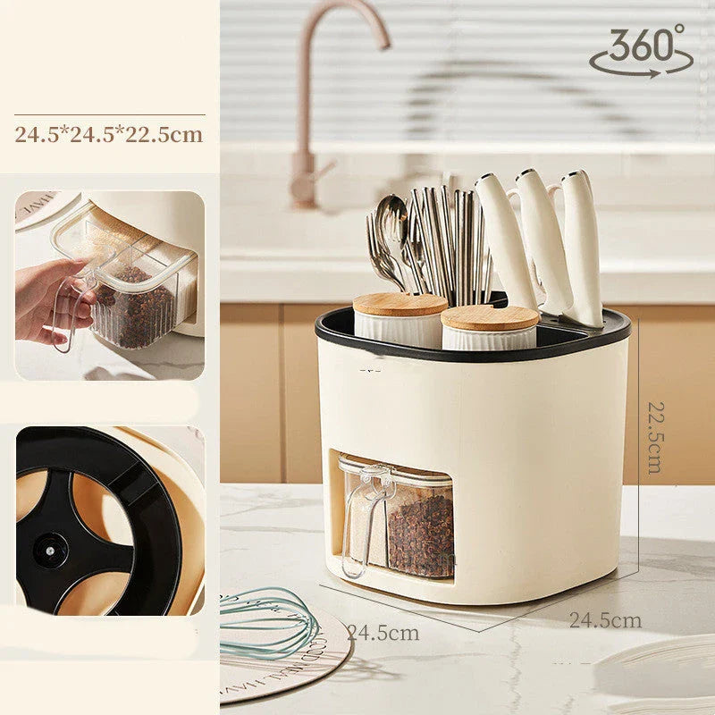 Rotating multipurpose kitchen storage organizer with four compartments for spices, utensils, and other cooking essentials