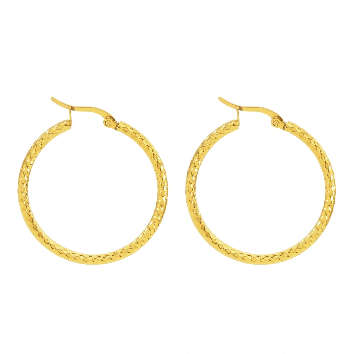 Elegant 18K gold-plated round ring earrings with embossed detail, perfect for any occasion.