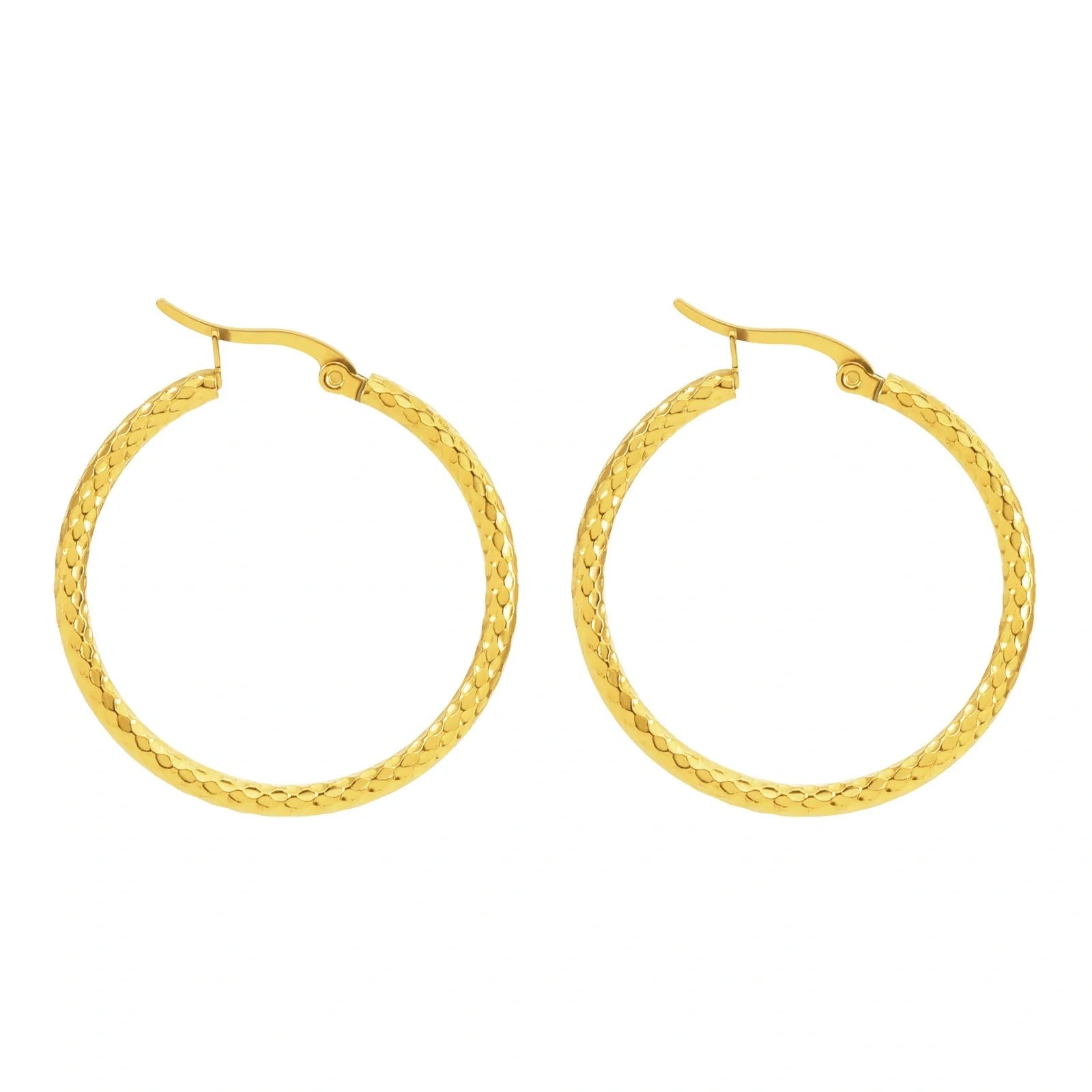 Elegant 18K gold-plated round ring earrings with embossed detail, perfect for any occasion.