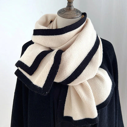 Knitted wool scarf with colourful borders, perfect for winter fashion