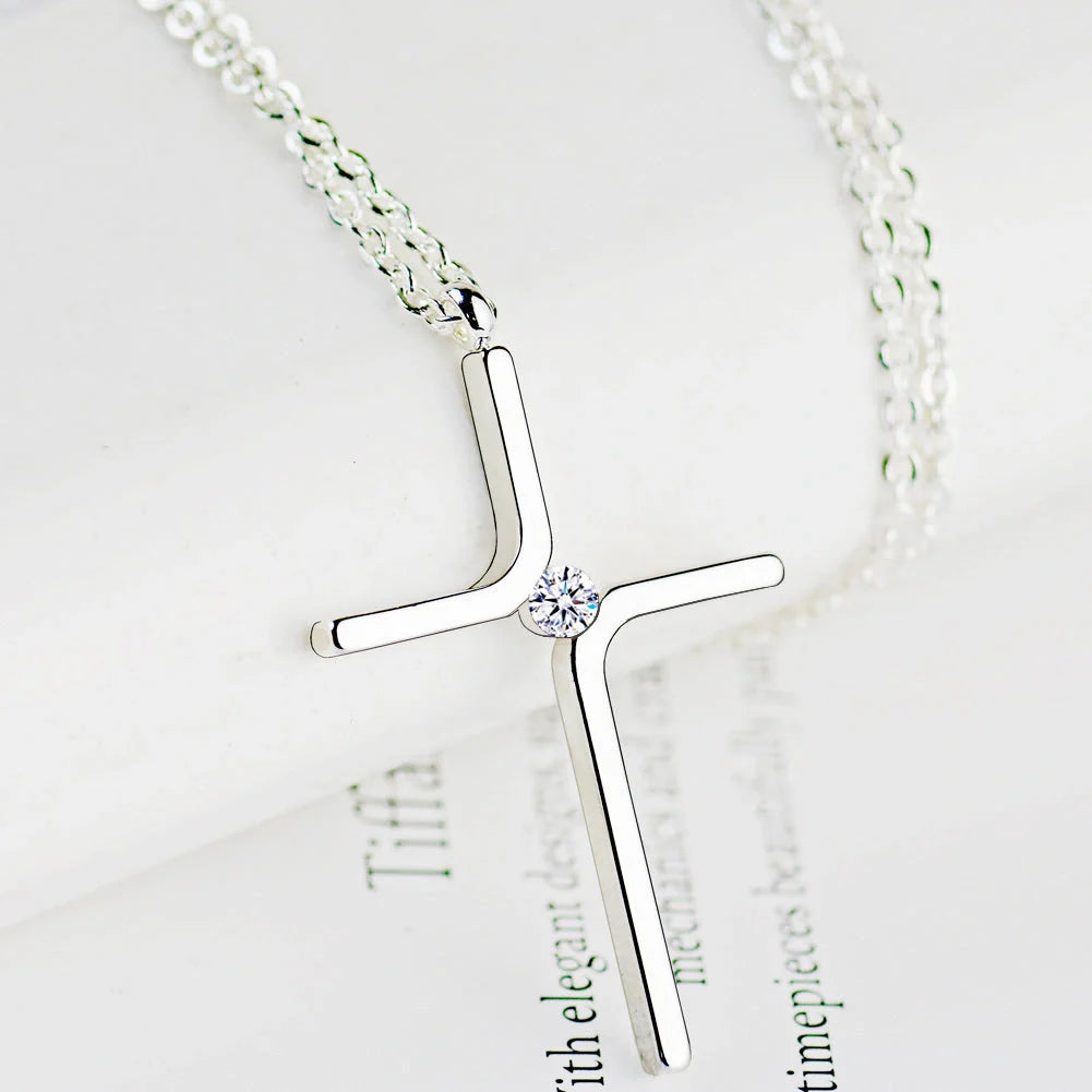 Elegant titanium steel cross pendant necklace with water wave chain