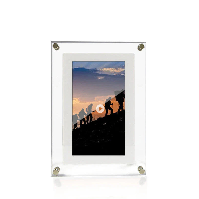 Stylish digital picture frame with acrylic exterior, supporting full HD video playback, automatic content recognition, and dual-speaker audio system