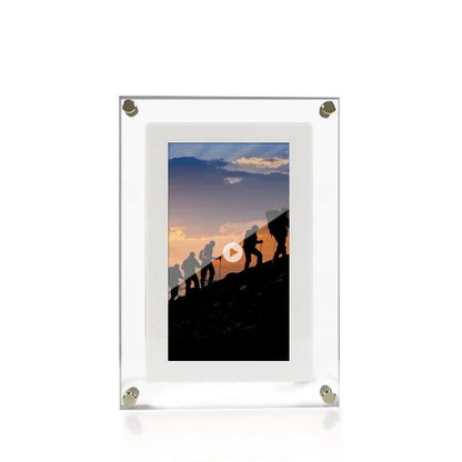 Stylish digital picture frame with acrylic exterior, supporting full HD video playback, automatic content recognition, and dual-speaker audio system