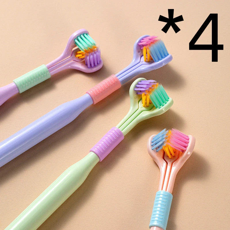 Soft bristle toothbrush with 3-sided brush head for thorough dental cleaning