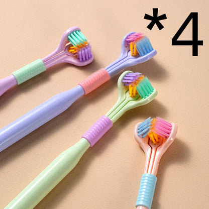 Soft bristle toothbrush with 3-sided brush head for thorough dental cleaning