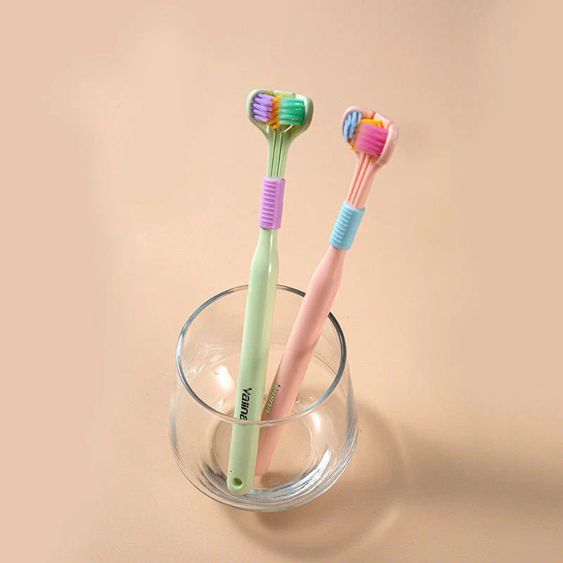 Soft bristle toothbrush with 3-sided brush head for thorough dental cleaning