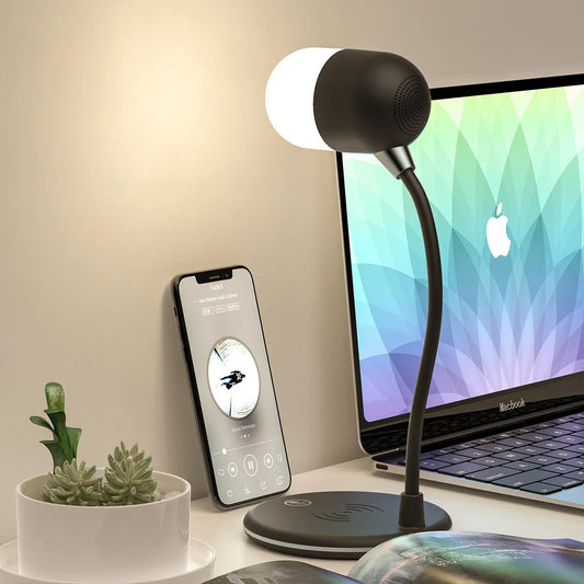 Versatile 3-in-1 desk lamp with wireless charging, Bluetooth speaker, and adjustable brightness controls