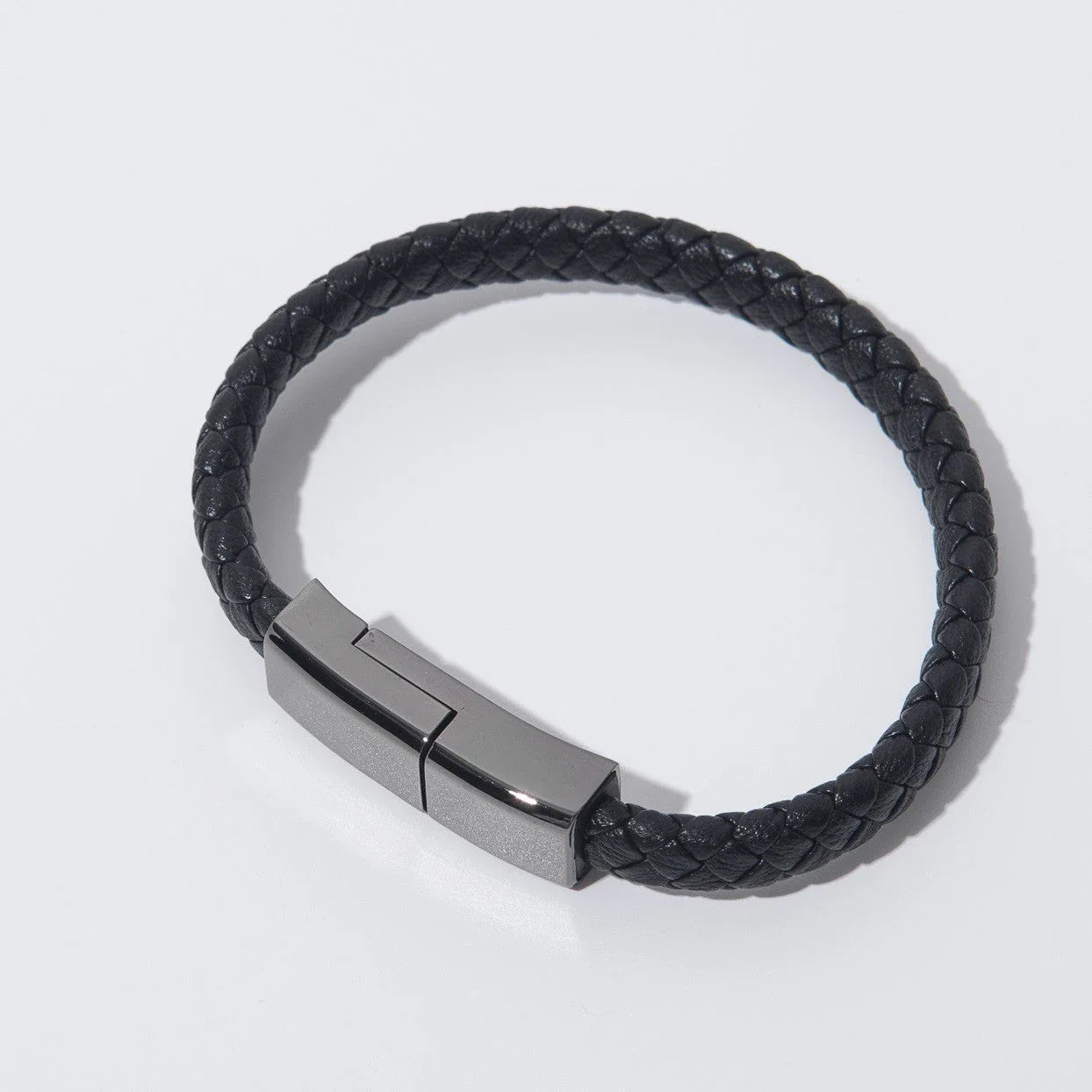 Stylish data cable bracelet in black, white, and brown colors with android, apple, and USB-C connectors