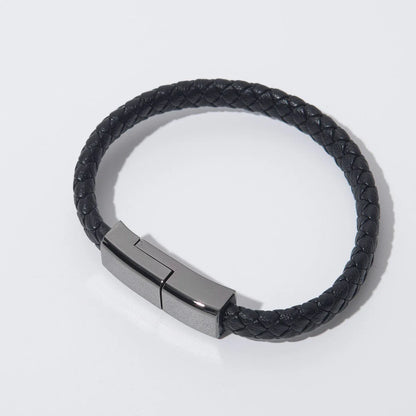 Stylish data cable bracelet in black, white, and brown colors with android, apple, and USB-C connectors