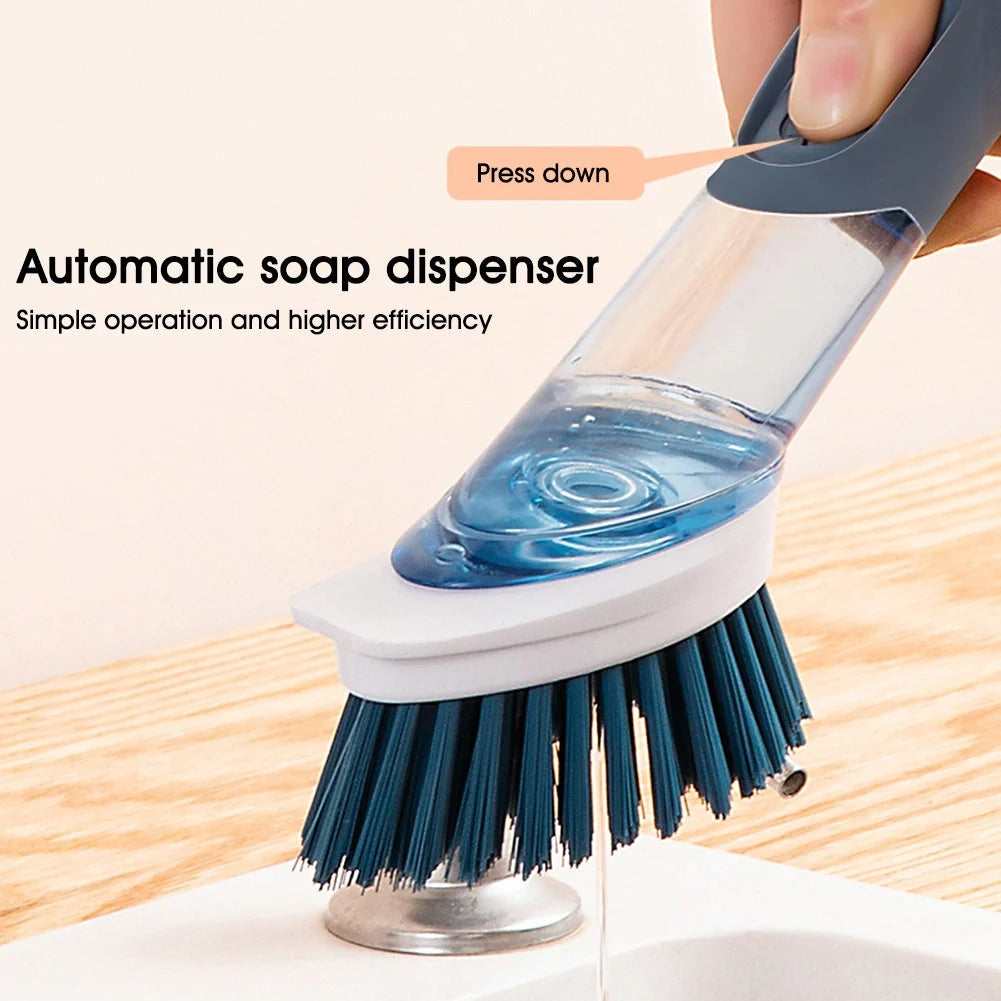 Multifunctional dish brush with soap dispenser and non-slip grip for efficient kitchen cleaning
