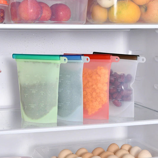 Edible silicone kitchen storage bags in various colours with vacuum seal