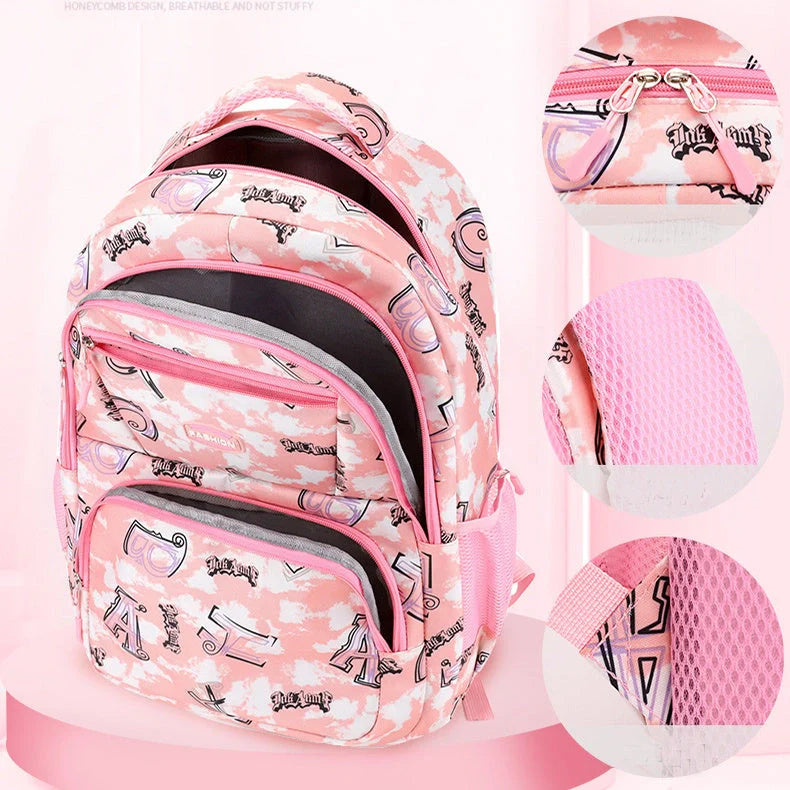 Letter print backpack with pencil case for primary school students in various colours