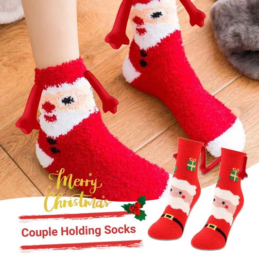 Christmas couple socks with magnetic suction feature for hand holding, festive 3D animal patterns