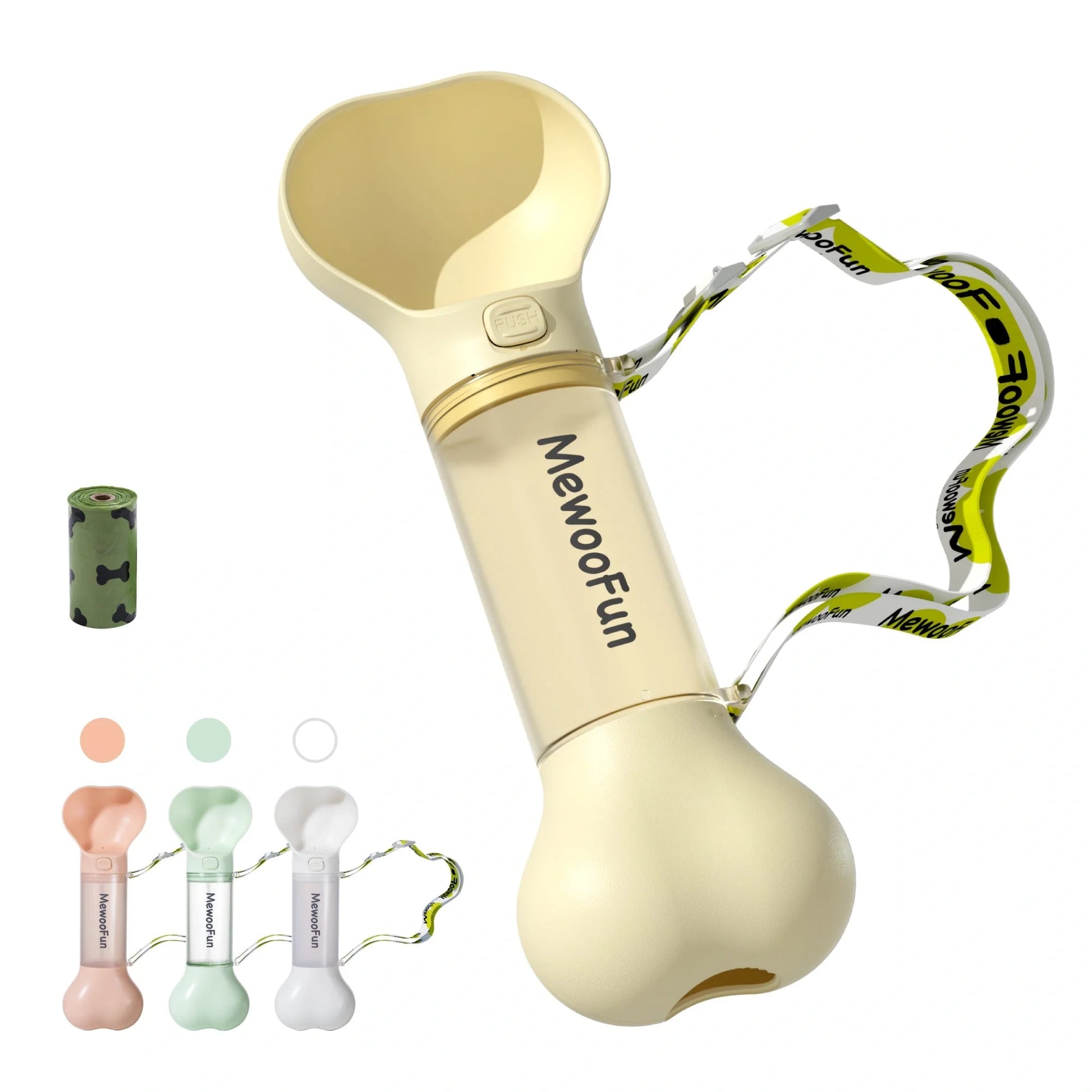 Mewoofun 2-in-1 leak-proof pet water bottle with adjustable strap and poop bag storage