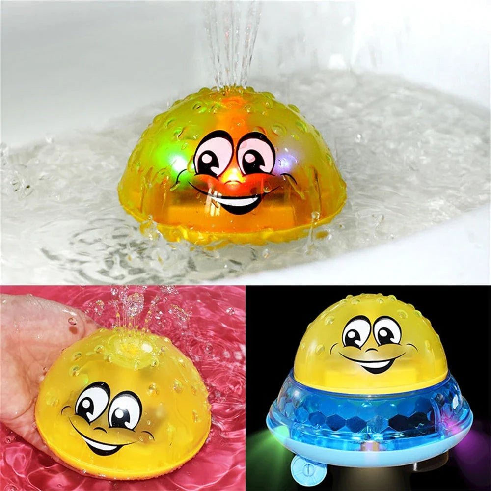 Rotating water sprinkler toy with colourful design and water spray feature for children's bath time fun