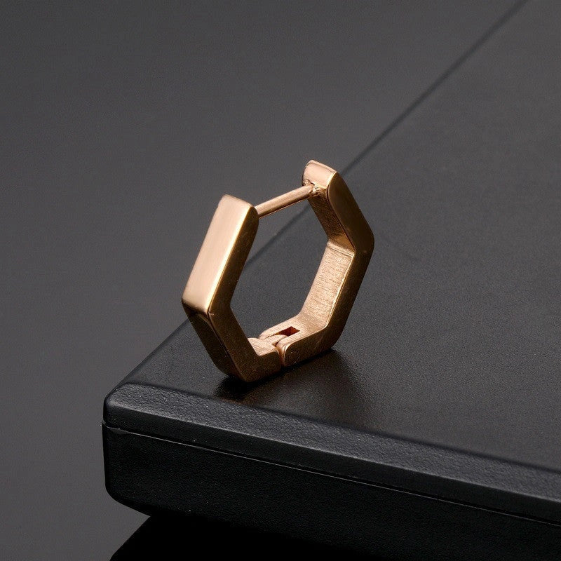 Stainless steel triangular hoop earrings in white, black, and gold options