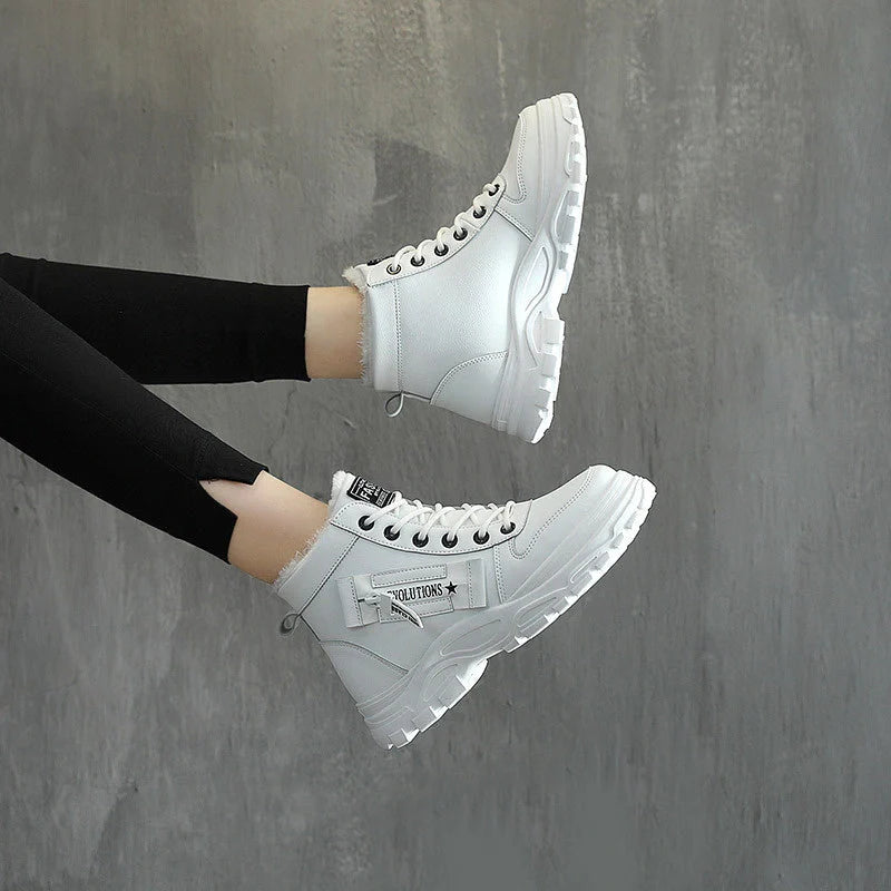 Winter fleece lace-up boots with artificial short plush lining in black, khaki, and white