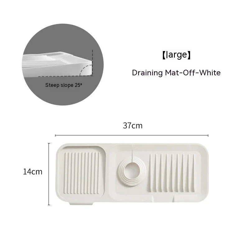 Premium silicone faucet splash guard with sloped design and dual drainage channels to prevent sink splashes and keep countertops dry.