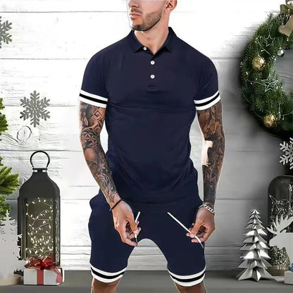 Men's 2-piece polo shirt and shorts outfit in various colors, including green, white, black, gray, navy blue, and blue