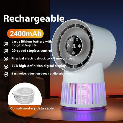 Powerful 2-in-1 desk fan with mosquito-killing suction and 360-degree airflow for versatile cooling and pest control