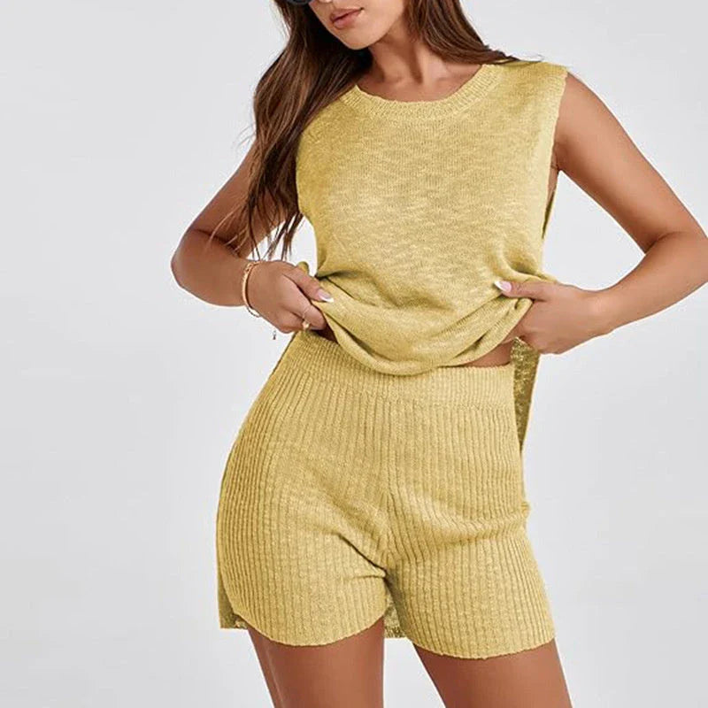 Versatile summer knit set featuring a chic split-front vest and matching shorts in a variety of vibrant colors