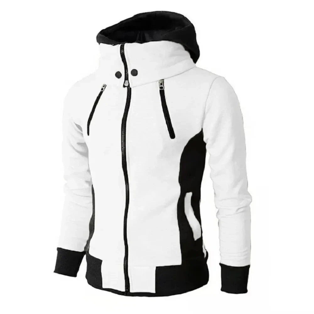 Men's zip-up hooded jacket with touchscreen functionality, available in light grey, white, dark grey, and beige white colors