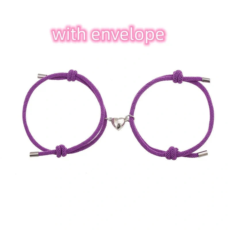 Adjustable nylon love magnetic bracelet with sticky metal heads in various colours