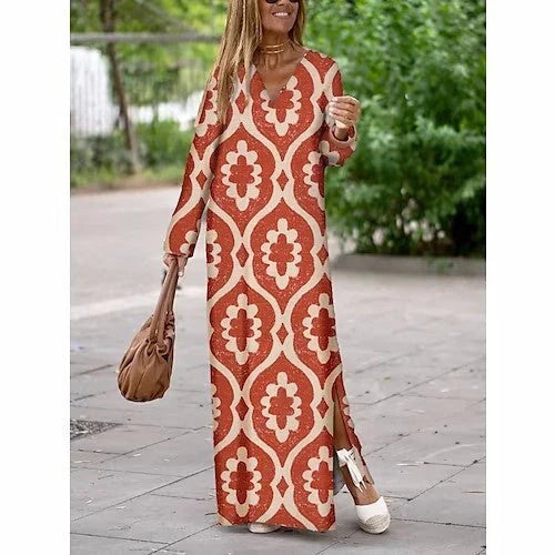 Stylish women's geometric print V-neck long dress in various colours